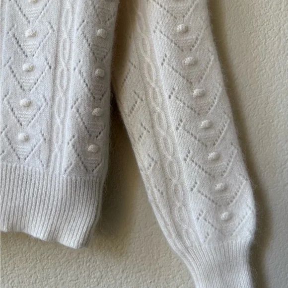 AQUA 100% Cashmere White Cropped Sweater Puff Sleeve Pointelle Knit XS - Picture 5 of 13
